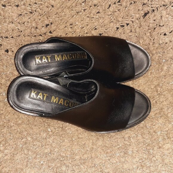 KAT MACONIE-JILLY-Black Leather Mules-Gold Heel-Peep-Toe-Sz 37-6.5 US-Excellent - Picture 6 of 8